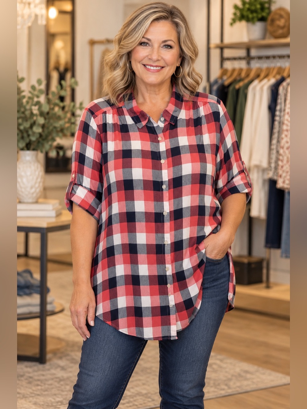 Westbound Woman 1X Plaid Roll-Tab Sleeve Button Down Tunic Top